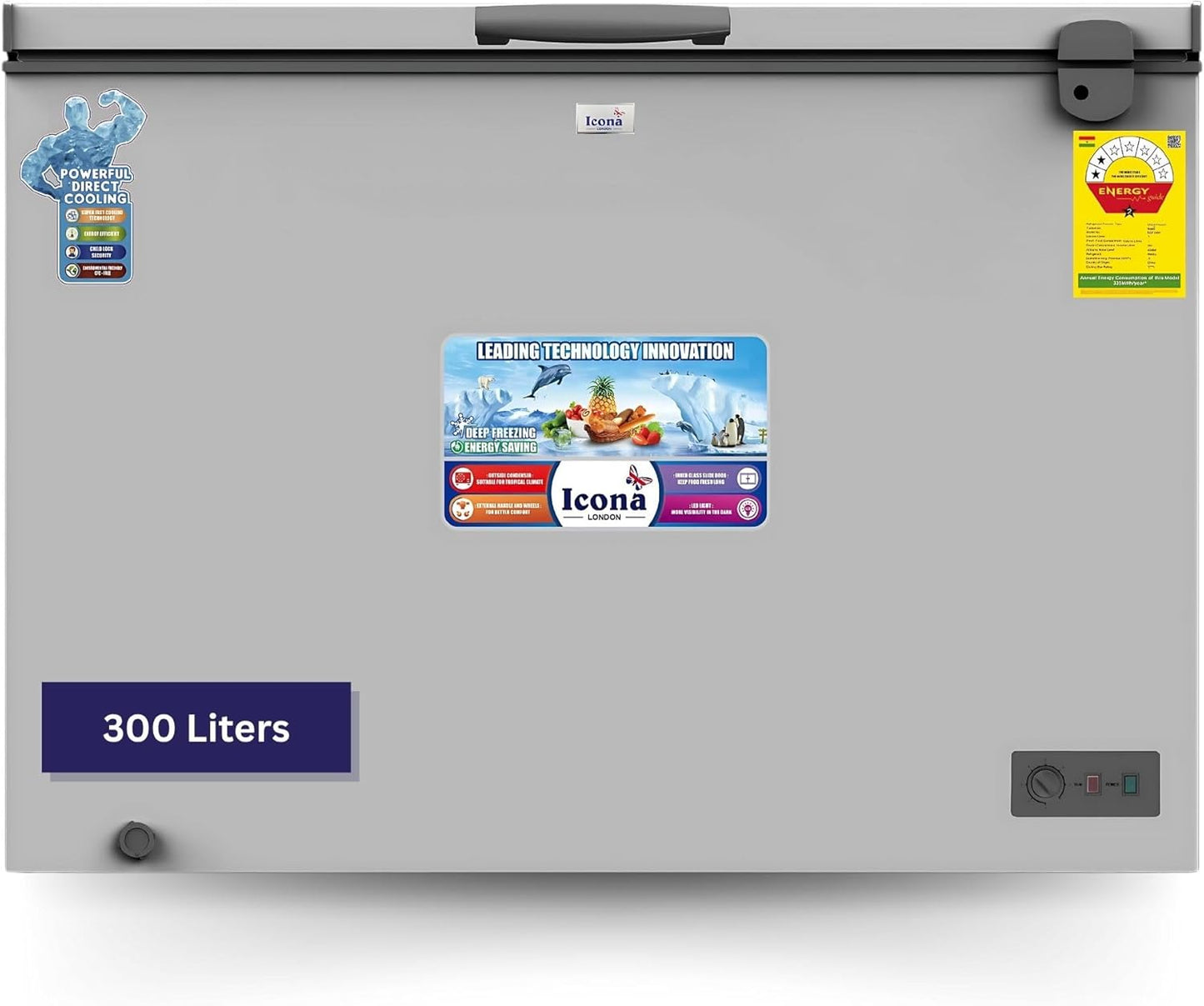 Icona 300L Chest Freezer – Sliding Glass Door Deep Freezer with LED Light, Lock & Key, Temperature Control & Stainless Steel Interior – Model ILCF-335H