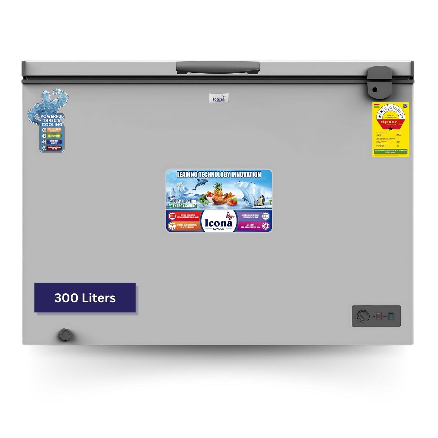 Icona 300L Chest Freezer – Sliding Glass Door Deep Freezer with LED Light, Lock & Key, Temperature Control & Stainless Steel Interior – Model ILCF-335H