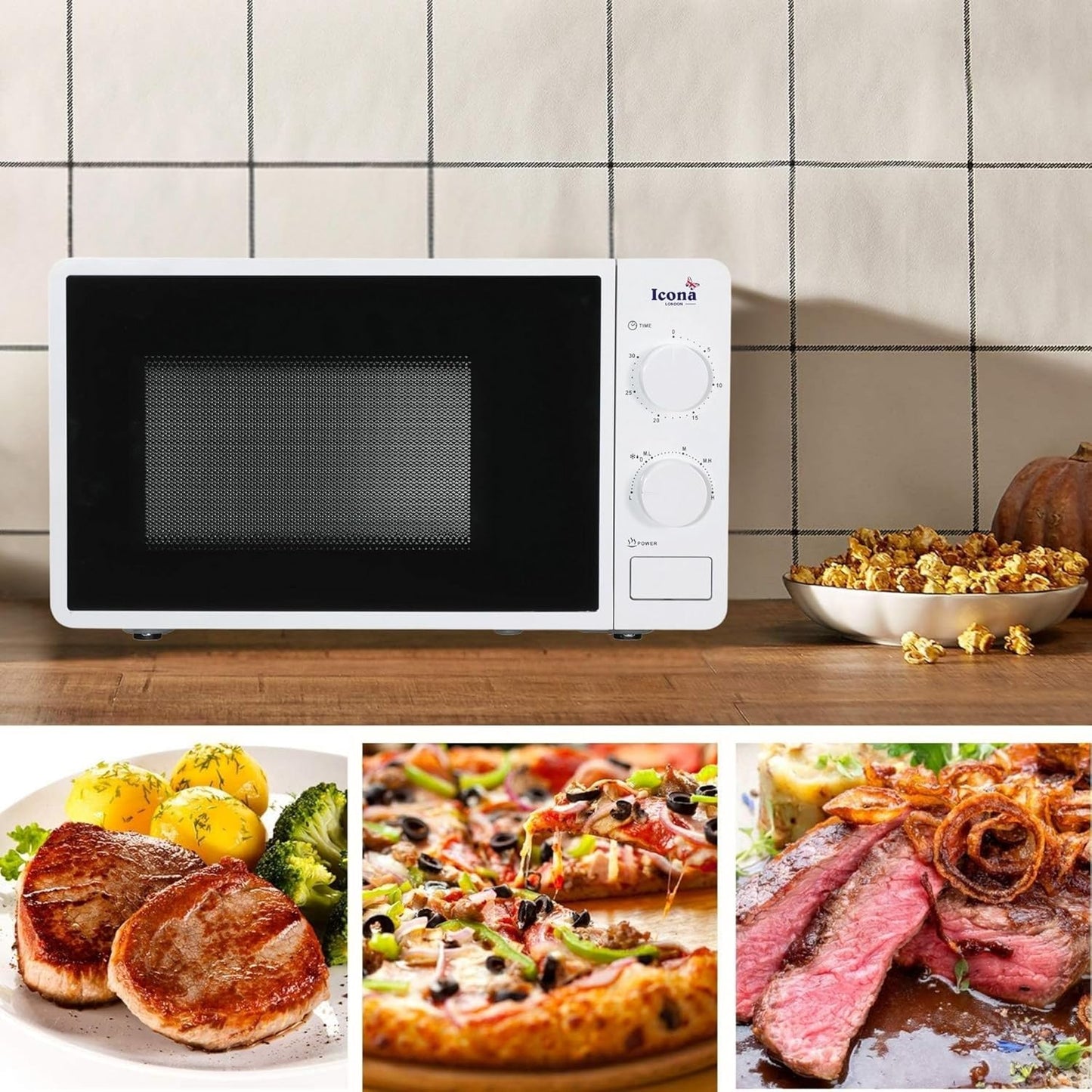 Icona 20L Electric Commercial Microwave Oven – 1150W Countertop Microwave with Grilling & Touch Control, Stainless Steel Housing, Push Button Door, Class A Energy Rating