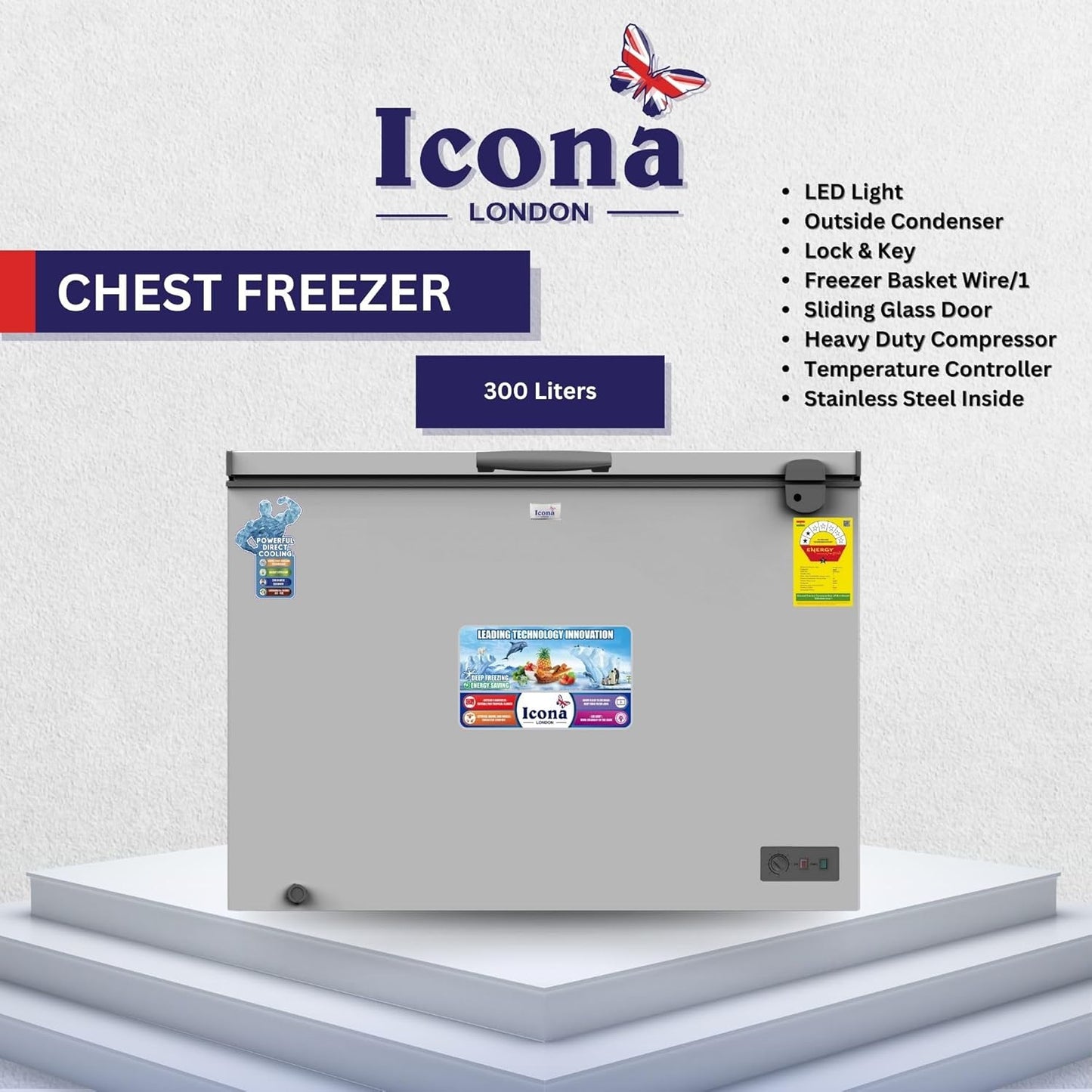Icona 300L Chest Freezer – Sliding Glass Door Deep Freezer with LED Light, Lock & Key, Temperature Control & Stainless Steel Interior – Model ILCF-335H