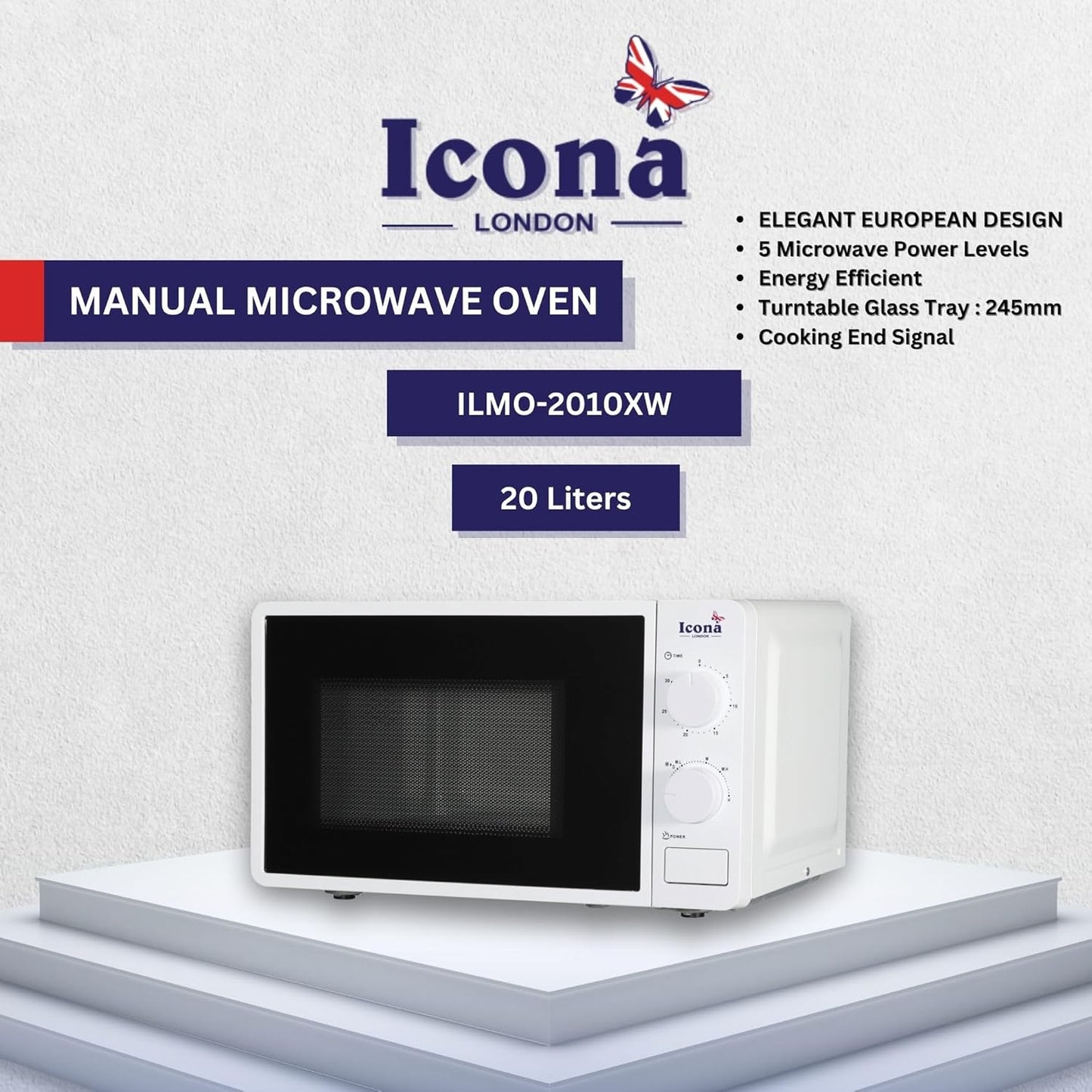 Icona 20L Electric Commercial Microwave Oven – 1150W Countertop Microwave with Grilling & Touch Control, Stainless Steel Housing, Push Button Door, Class A Energy Rating