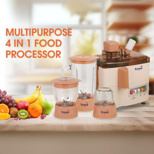 Icona 4 in 1 Kitchen Mate Food Processor – Citrus Juicer, Dry Grinder, Chopper, and Blender with 2 Speeds + Pulse – Includes Small Grinder Jar for Versatile Food Prep
