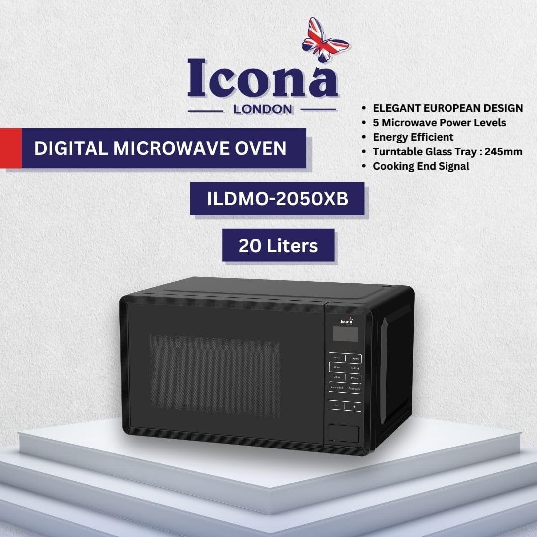 Icona 20L Digital Touch Control Microwave Oven – 700W Electric Countertop Microwave with Timer, Stainless Steel Housing, Pull Handle Door, for Home & Commercial Use