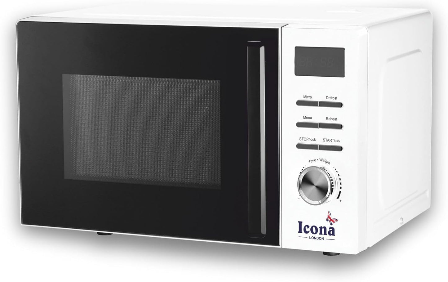 Icona 20L 800W White Digital Solo Microwave, 5 Power Levels, Automatic Defrost, 8 Auto Cook Menus, Clock & Timer, Easy Clean Design (Model ILDMO-2040XW)